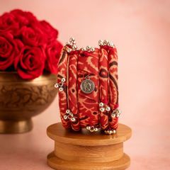 Traditional Red Bandhani Fabric Kada with Silver Beads & Coin Charm