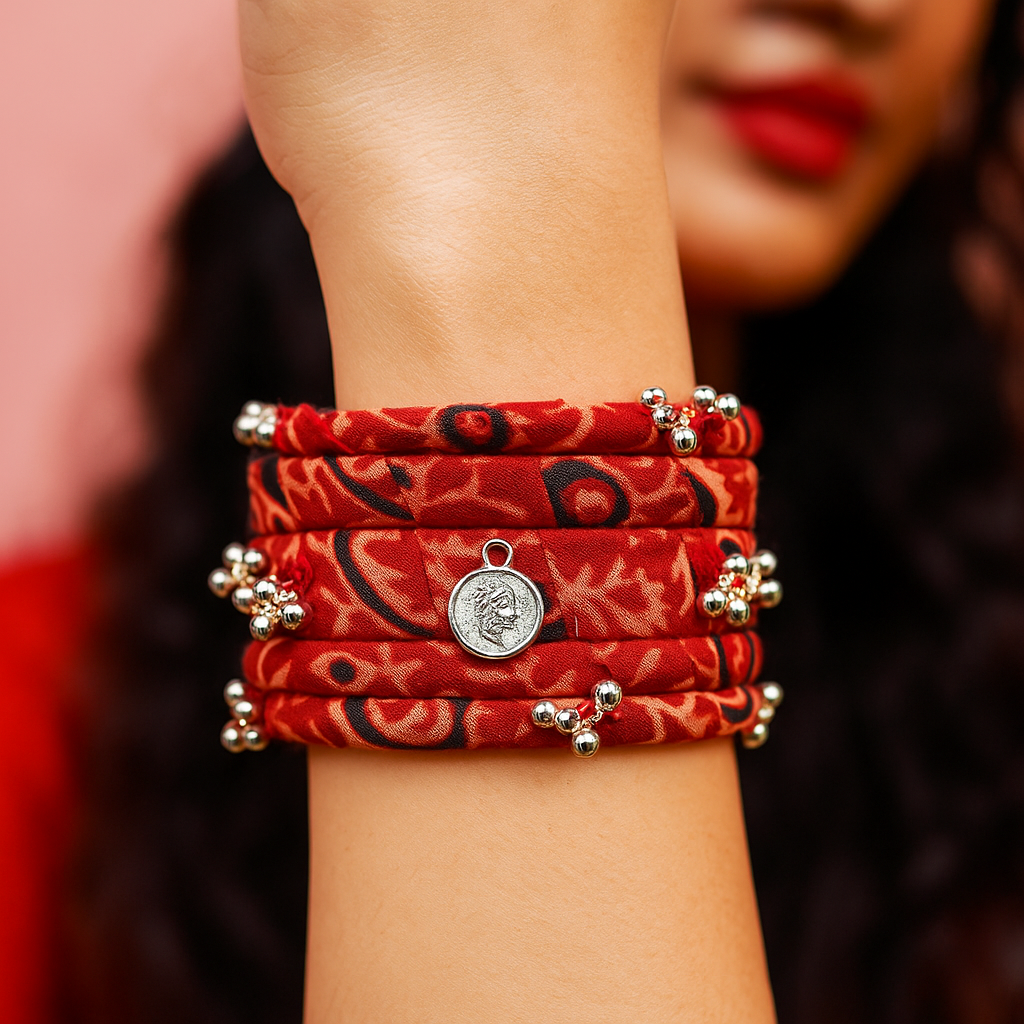 Traditional Red Bandhani Fabric Kada with Silver Beads & Coin Charm