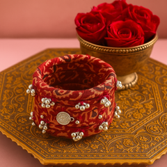 Traditional Red Bandhani Fabric Kada with Silver Beads & Coin Charm