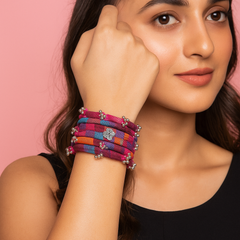 Multicolor Fabric Kada with Silver Beads & Elephant Charm