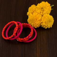 Pink & Orange Silk Thread Kada Set with Mirror Work