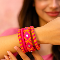 Pink & Orange Silk Thread Kada Set with Mirror Work