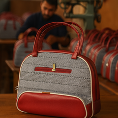 Stylish Grey Handloom Tote Bag with Faux Leather