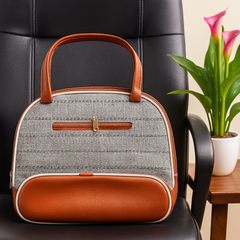 Stylish Grey Handloom Tote Bag with Faux Leather