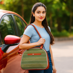 Elegant Green Handloom Tote Bag with Faux Leather