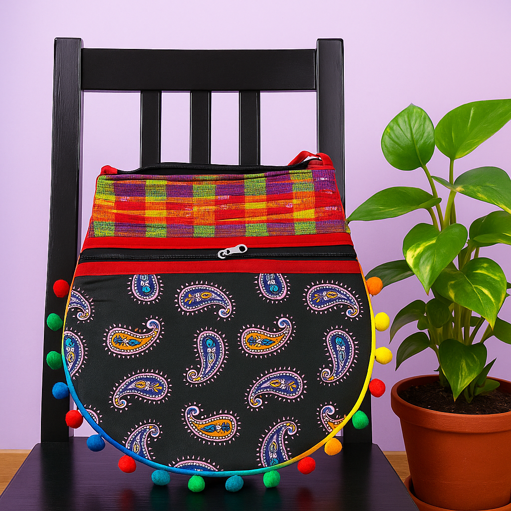 Multicolor Handloom Round Tote Bag with Pom-Pom Border