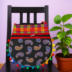 Multicolor Handloom Round Tote Bag with Pom-Pom Border