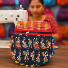 Traditional Embroidered Handloom Tote Bag with Pom-Pom Border