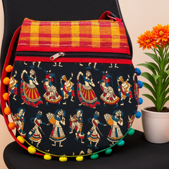 Traditional Embroidered Handloom Tote Bag with Pom-Pom Border