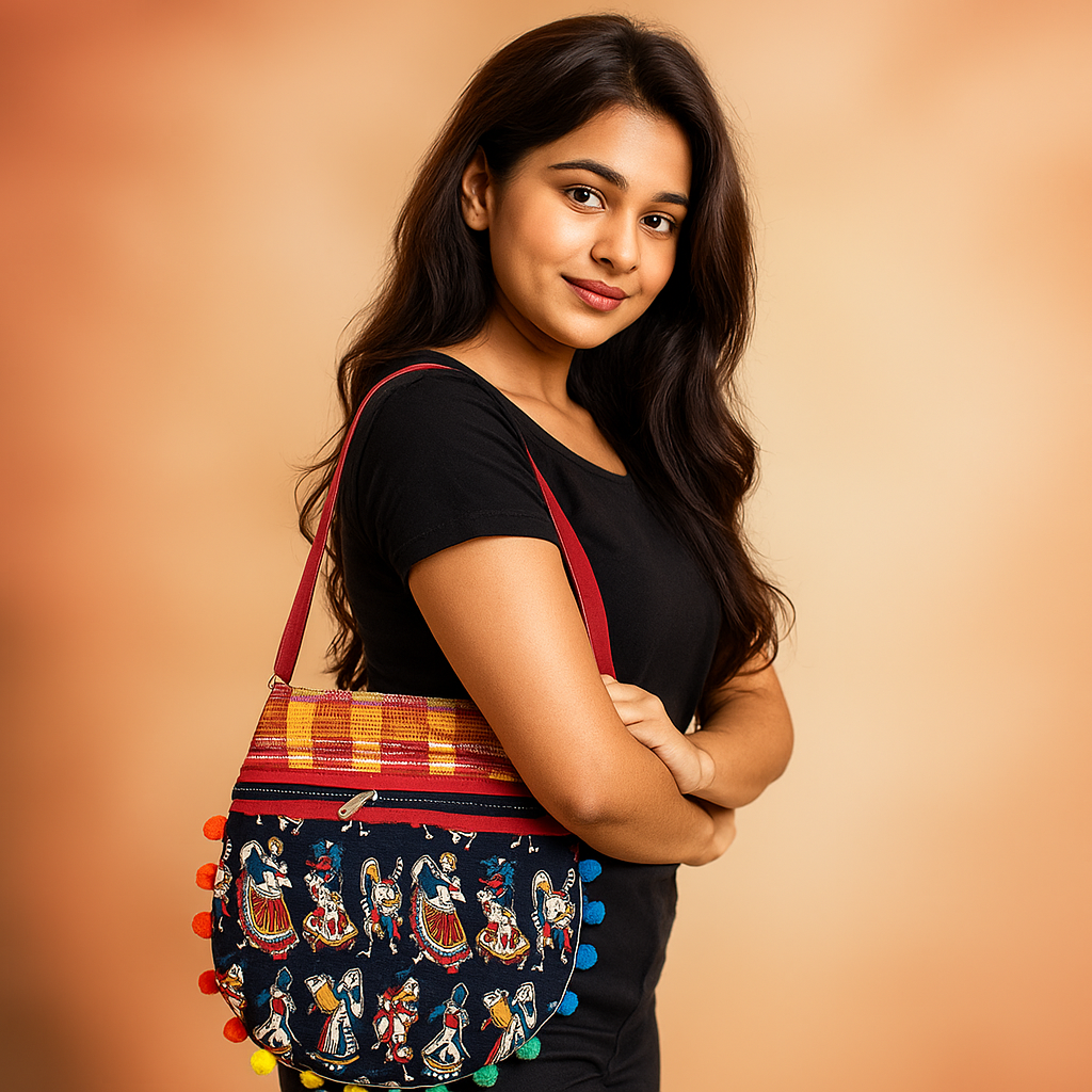 Traditional Embroidered Handloom Tote Bag with Pom-Pom Border