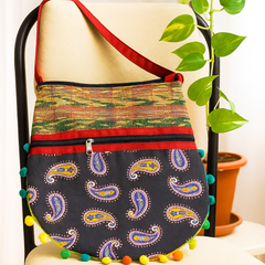 Multicolor Handloom Shoulder Bag with Paisley Design & Pom-Pom Border
