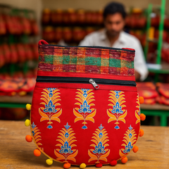 Red Embroidered Shoulder Bag with Multicolor Handloom Strap & Pom-Pom Border