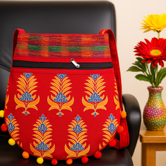 Red Embroidered Shoulder Bag with Multicolor Handloom Strap & Pom-Pom Border