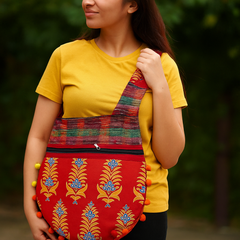 Red Embroidered Shoulder Bag with Multicolor Handloom Strap & Pom-Pom Border