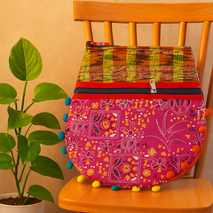 Pink Patchwork Shoulder Bag with Multicolor Handloom Strap & Pom-Pom Border