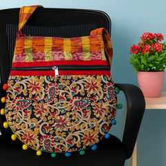 Black Floral Embroidered Shoulder Bag with Multicolor Pom-Poms & Handloom Strap