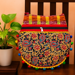 Black Floral Embroidered Shoulder Bag with Multicolor Pom-Poms & Handloom Strap