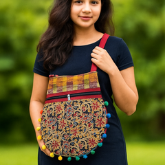 Black Floral Embroidered Shoulder Bag with Multicolor Pom-Poms & Handloom Strap