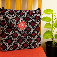 Maroon & Black Handloom Block Print Shoulder Bag with Round Patch