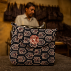 Black & Maroon Block Print Sling Bag with Round Patch