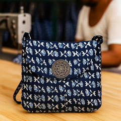 Navy Blue Handblock Sling Bag with Round Patch