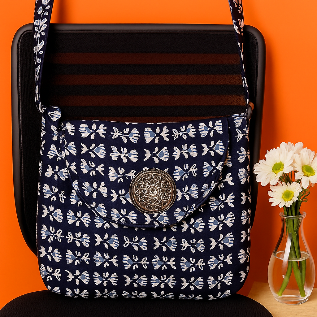 Navy Blue Handblock Sling Bag with Round Patch