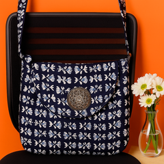Navy Blue Handblock Sling Bag with Round Patch