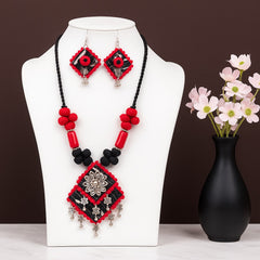 Bold Red-Black Tribal Necklace Set with Ghungroo Accents