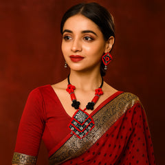 Bold Red-Black Tribal Necklace Set with Ghungroo Accents