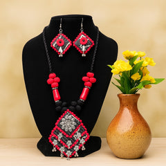 Bold Red-Black Tribal Necklace Set with Ghungroo Accents