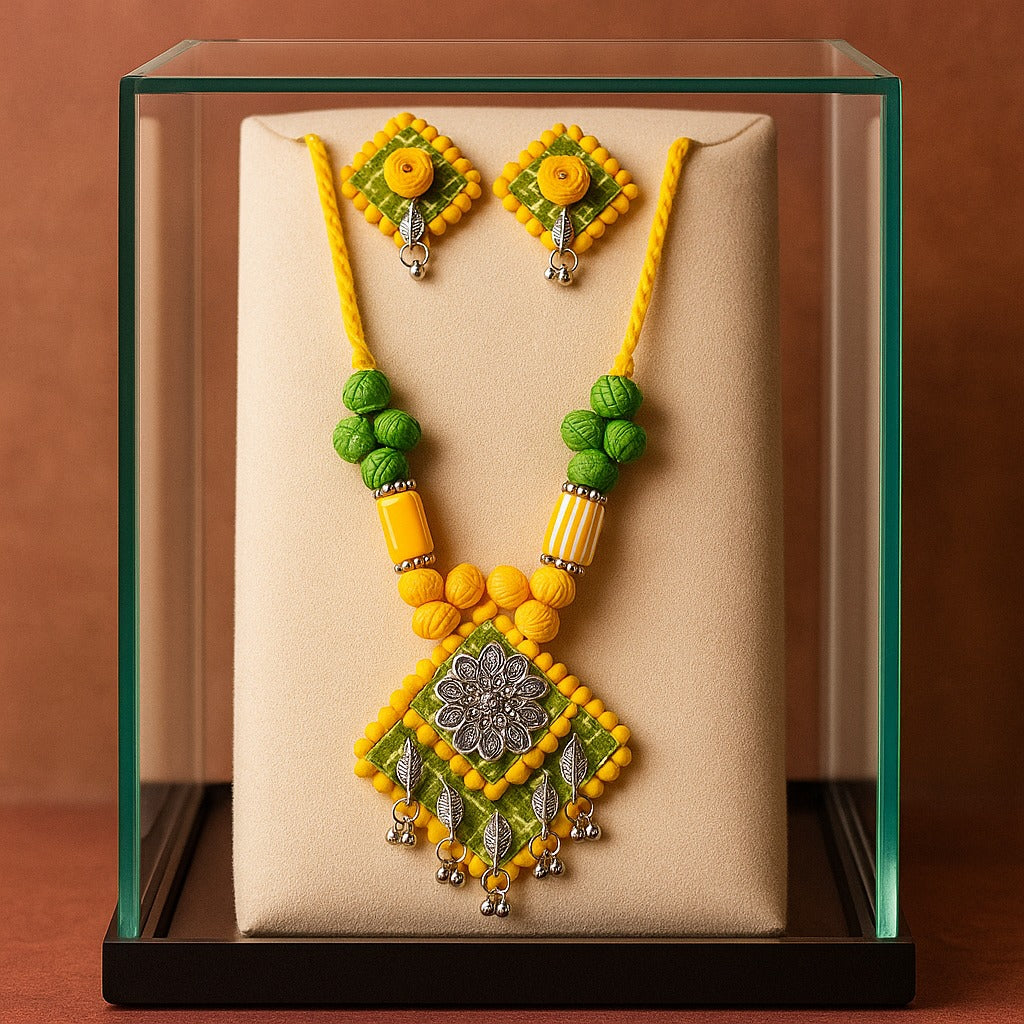 Yellow-Green Tribal Embroidered Necklace Set