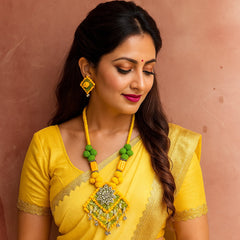 Yellow-Green Tribal Embroidered Necklace Set