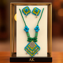 Vibrant Green & Blue Thread Necklace Set with Oxidized Charm