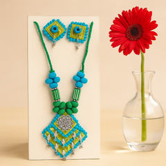 Vibrant Green & Blue Thread Necklace Set with Oxidized Charm