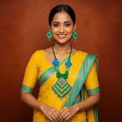 Vibrant Green & Blue Thread Necklace Set with Oxidized Charm