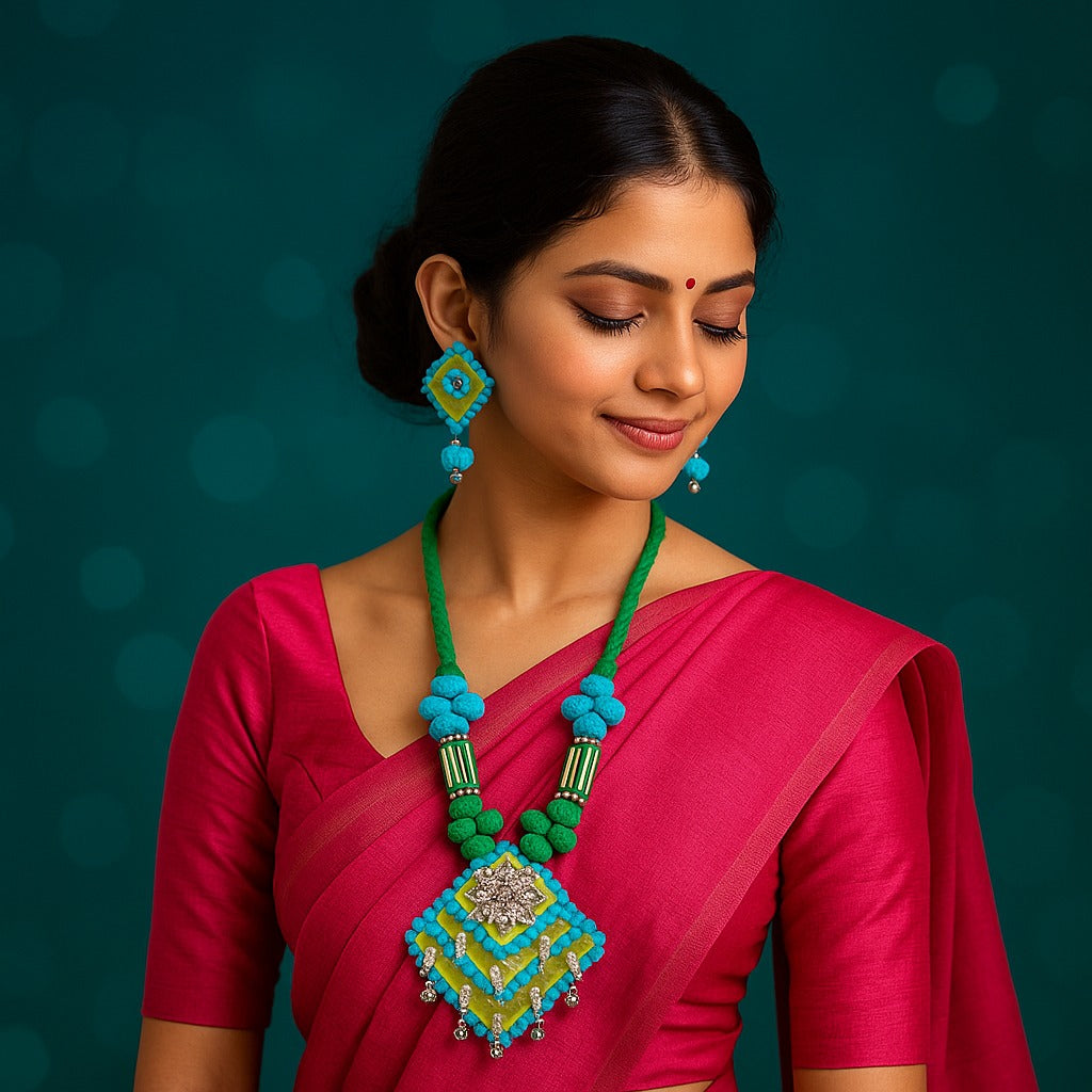 Vibrant Green & Blue Thread Necklace Set with Oxidized Charm