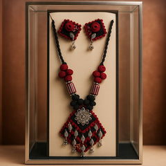 Royal Red & Black Handmade Thread Necklace Set with Floral Pendant